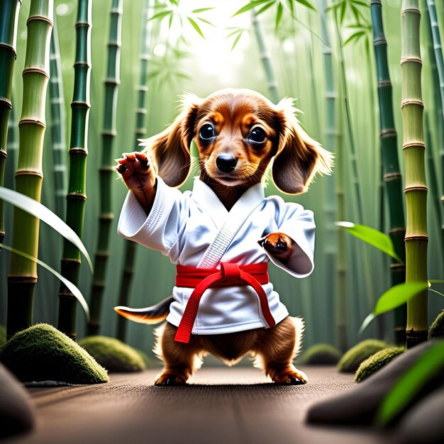 Foto un cachorro de dachshund esponjoso dominando el arte del karate generado por herramientas de ia