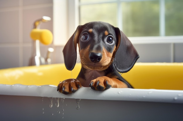 Un cachorro dachshund está en la bañera con un pequeño pato de goma amarillo descansando sobre su cabeza mientras