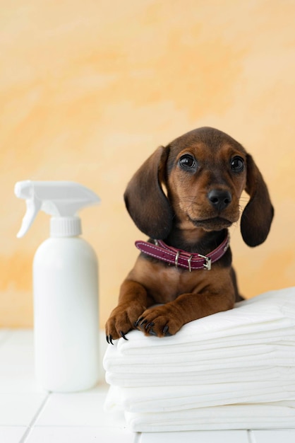 Cachorro Dachshund sentado en pañales de animales