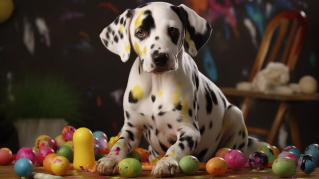 Cachorro Dálmata com Salpicos de Tinta e Ovos de Páscoa Coloridos