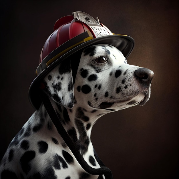 Cachorro dálmata usando chapéu de bombeiro e hidrante generativo ai