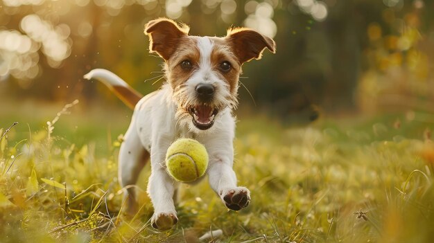 Cachorro de animal de estimação feliz e brincalhão correndo na grama e brincando com uma bola de tênis Banner da Web com espaço de cópia