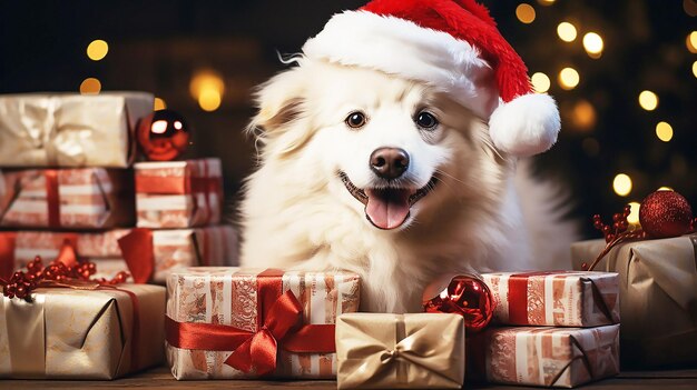 Cachorro de ano novo com chapéu de Papai Noel vermelho com presente