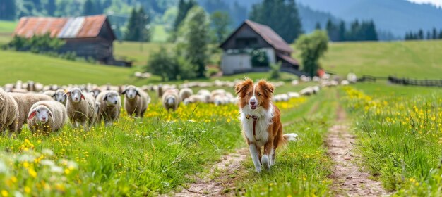 Foto cachorro de border collie pastoreando ovelhas em pastagens verdes exuberantes mostrando inteligência e ética de trabalho