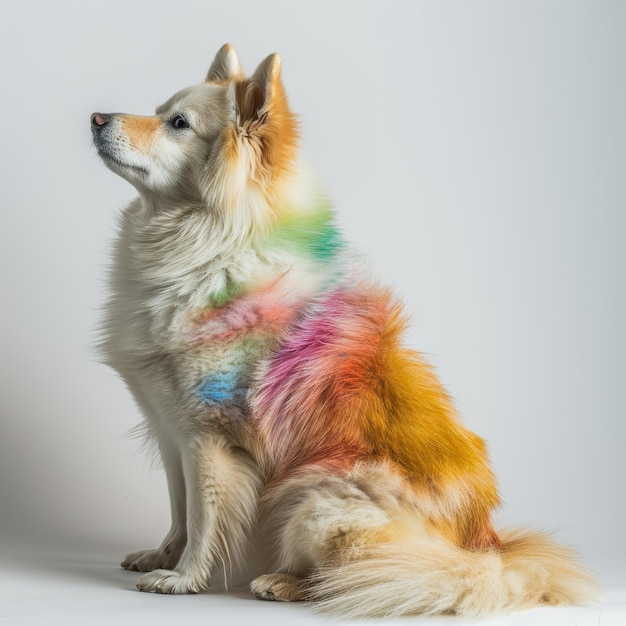 Cachorro De Casaco Multicolorido Sentado Em Fundo Branco