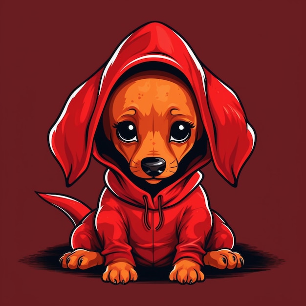 Foto cachorro de desenho animado com capuz vermelho sentado no chão gerador de ia