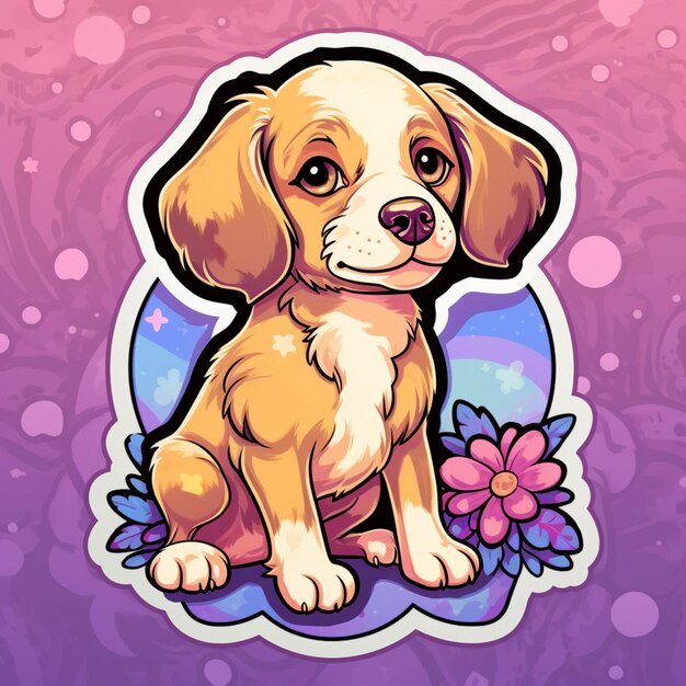 cachorro de desenho animado com flores e bolhas em um fundo roxo ai generativo