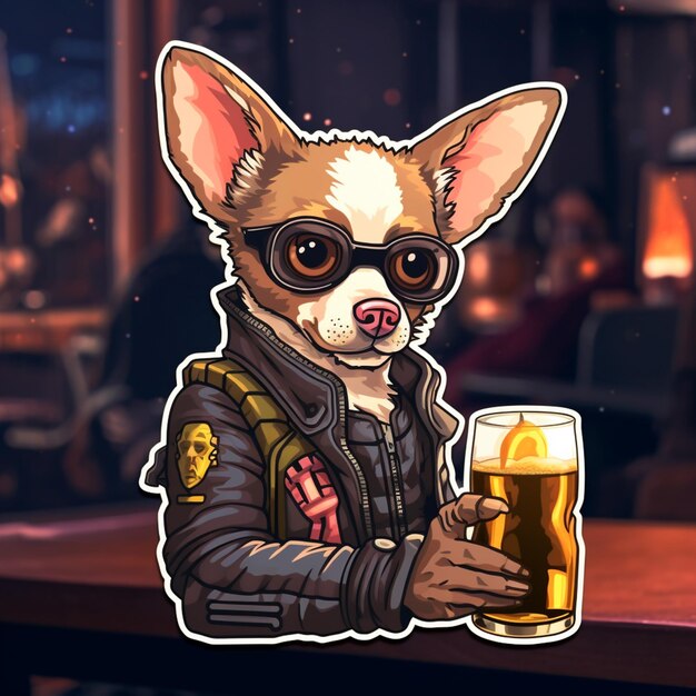 cachorro de desenho animado com óculos segurando uma cerveja em um bar generativo ai