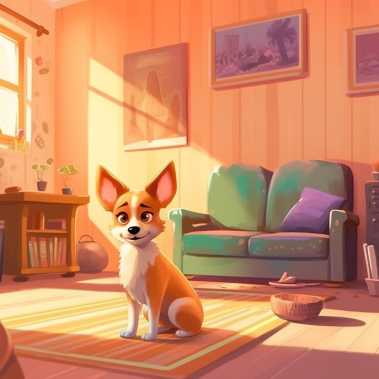 Foto cachorro de desenho animado sentado em um tapete em uma sala de estar com um sofá generativo ai