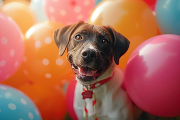 Cachorro de festa sentado em meio a balões vibrantes e decoração festiva