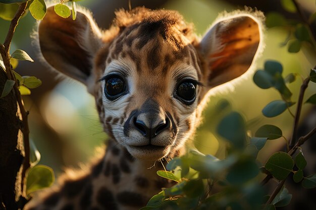 Cachorro de girafa esticando o pescoço para folhas altas IA generativa