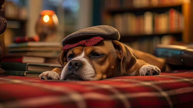 Cachorro de gravata borboleta vermelha e chapéu no sofá da sala gerado por IA