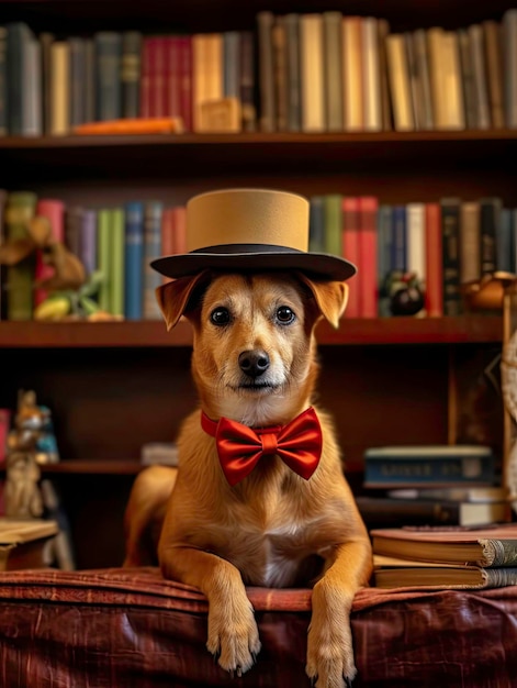 Cachorro de gravata borboleta vermelha e chapéu no sofá da sala gerado por IA