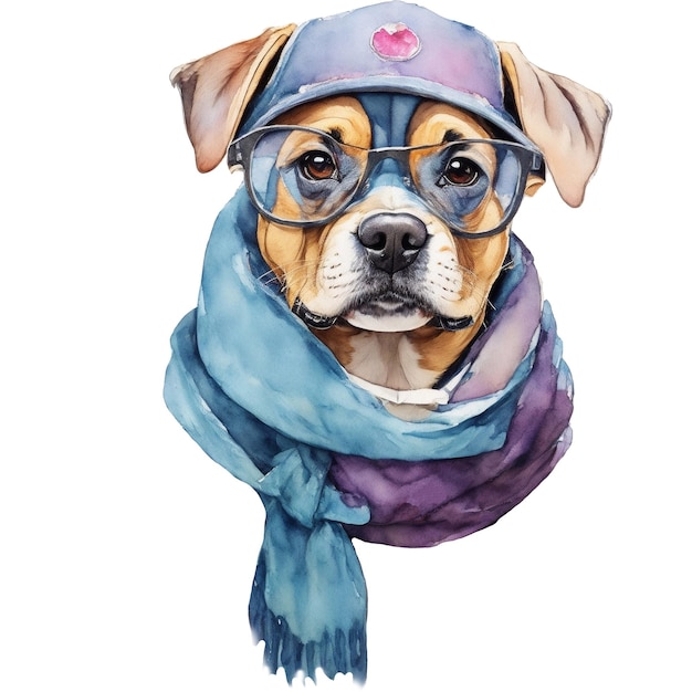 Cachorro de inverno em aquarela de óculos e cachecol