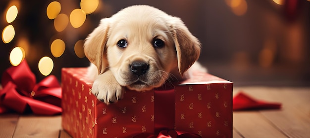 Cachorro de Labrador em caixa de presente festiva com fundo de feriado retrato de animal de estimação de Natal bonito