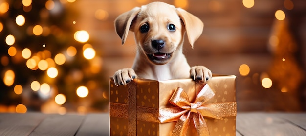 Cachorro de labrador festivo em caixa de presente com fundo de feriado retrato de animal de estimação de Natal brilhante
