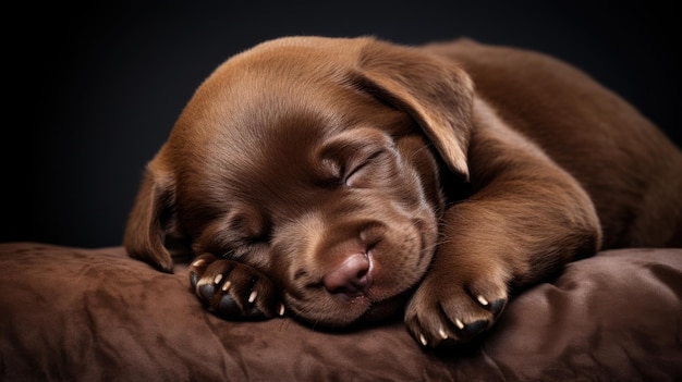 Cachorro de labrador marrom dormindo em veludo marrom
