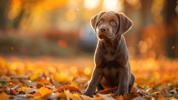 Cachorro de Labrador sentado entre folhas de outono