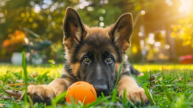 Cachorro de pastor alemão em colarinho brincando com uma pequena bola laranja no parque de verão verde Cachorro cansado