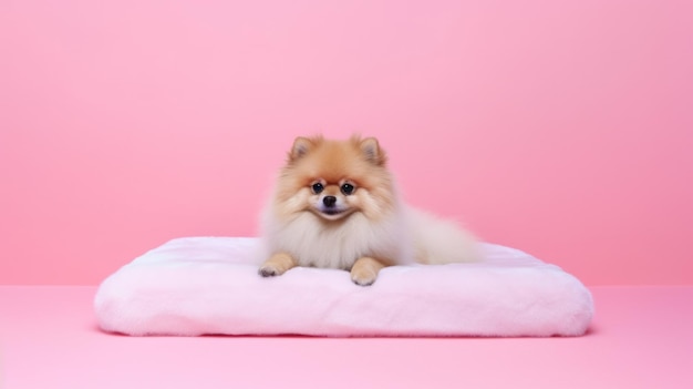 Cachorro de Pomerânia em fundo rosa com Ai Generated