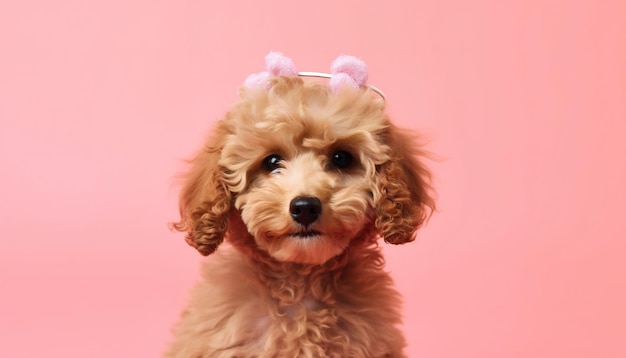 Foto cachorro de poodle de brinquedo em fundo rosa com espaço para cópia