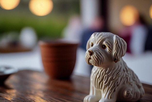 Cachorro de porcelana fica sobre uma mesa de madeira fundo desfocado da sala