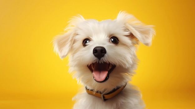 Cachorro de raça feliz sorrindo em fundo amarelo brilhante isolado
