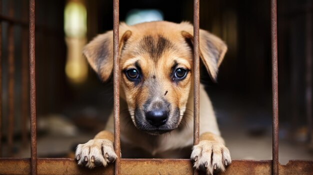 Foto cachorro de rua sem-abrigo numa gaiola ao ar livre