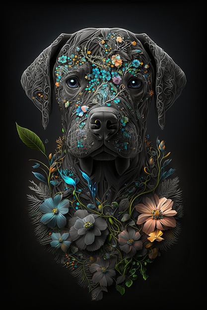 Cachorro decorado com flores em fundo preto