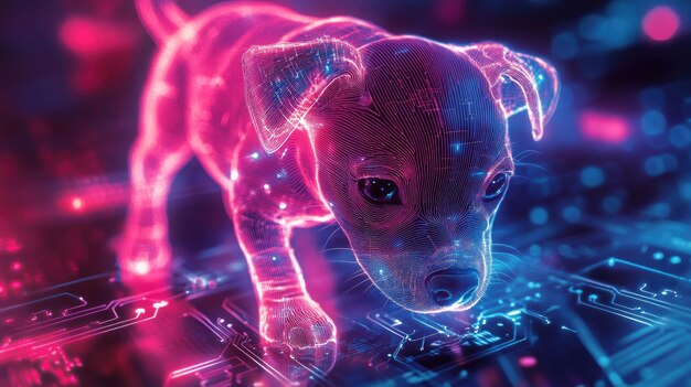 Un cachorro digital brillante se encuentra en una placa de circuitos