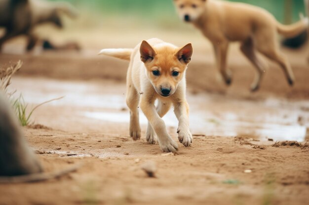 Foto el cachorro de dingo aprende a cazar con los adultos