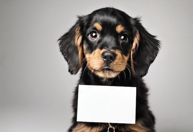 Foto cachorro divertido con pancarta para su concepto de maqueta publicitaria de descuentos y ventas en luz