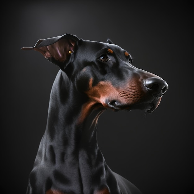 Cachorro doberman de retrato de estúdio arrebatador em fundo preto isolado