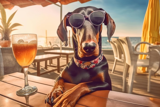 Cachorro Doberman está relaxando na praia com um coquetel O conceito de turismo de verão Generative AI