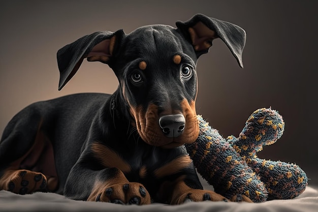 Cachorro doberman jugando con un juguete chirriante creado con IA generativa