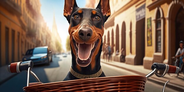 Cachorro Doberman Pinscher se diverte andando de bicicleta na manhã do sol no verão na rua da cidade