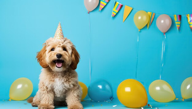Cachorro de doodle dorado disfrutando de un feliz cumpleaños