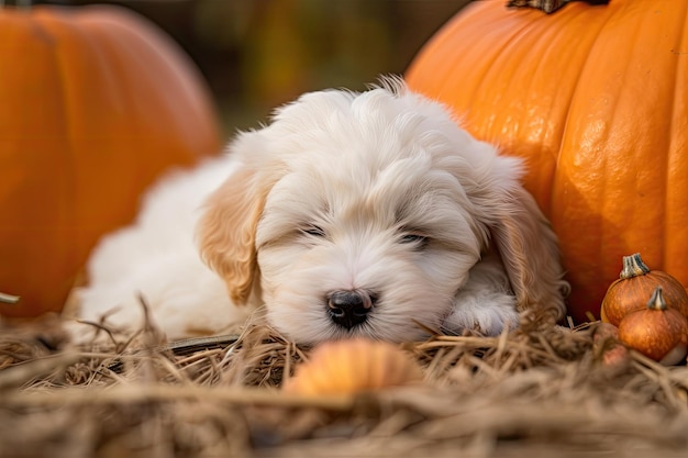 Cachorro dormitando cerca de un huerto de calabazas