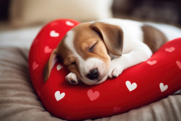 Un cachorro durmiendo en la almohada en forma de corazón