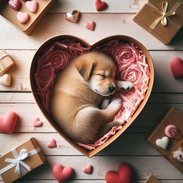 un cachorro durmiendo en una caja en forma de corazón