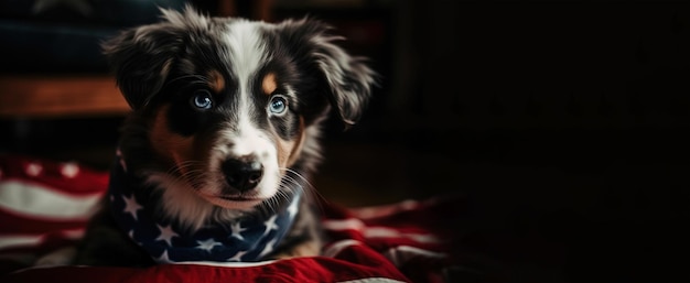 Cachorro e bandeira americana Conceito de dia da independência dos EUA layout panorâmico Generative Ai