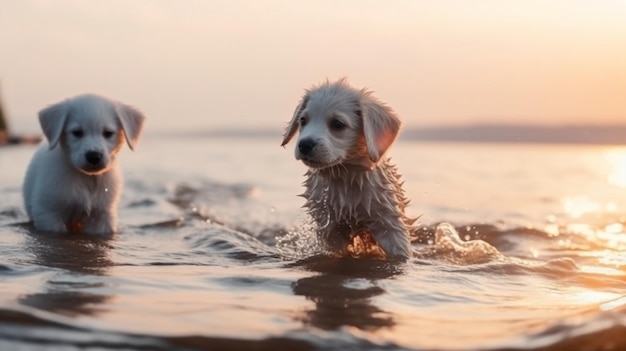 cachorro e cachorrinho fofo fofo e gatinho sentado na praia de flores silvestres praia e no mar no pôr do sol
