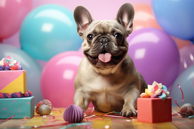 cachorro e caixa de presente em fundo pastel colorido celebração de feriado festa de aniversário infantil