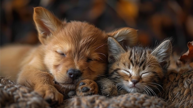 Cachorro e gatinho dormindo juntos em um cobertor
