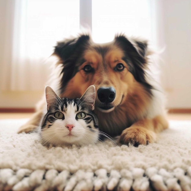 Cachorro e gatinho malhado sentados juntos no chão de madeira