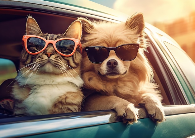 Cachorro e gato olhando pela janela do carro Viagem de carro IA generativa