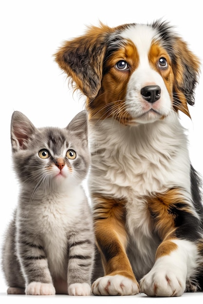 Cachorro e gato sentados um ao lado do outro em frente a um fundo branco Generative AI