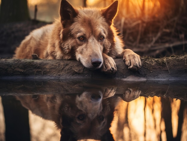Cachorro e seu reflexo em um lago calmo