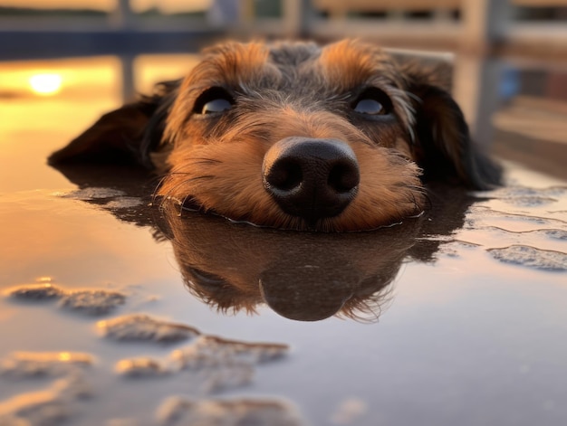 Cachorro e seu reflexo em um lago calmo