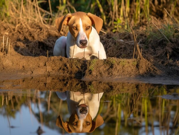 Cachorro e seu reflexo em um lago calmo